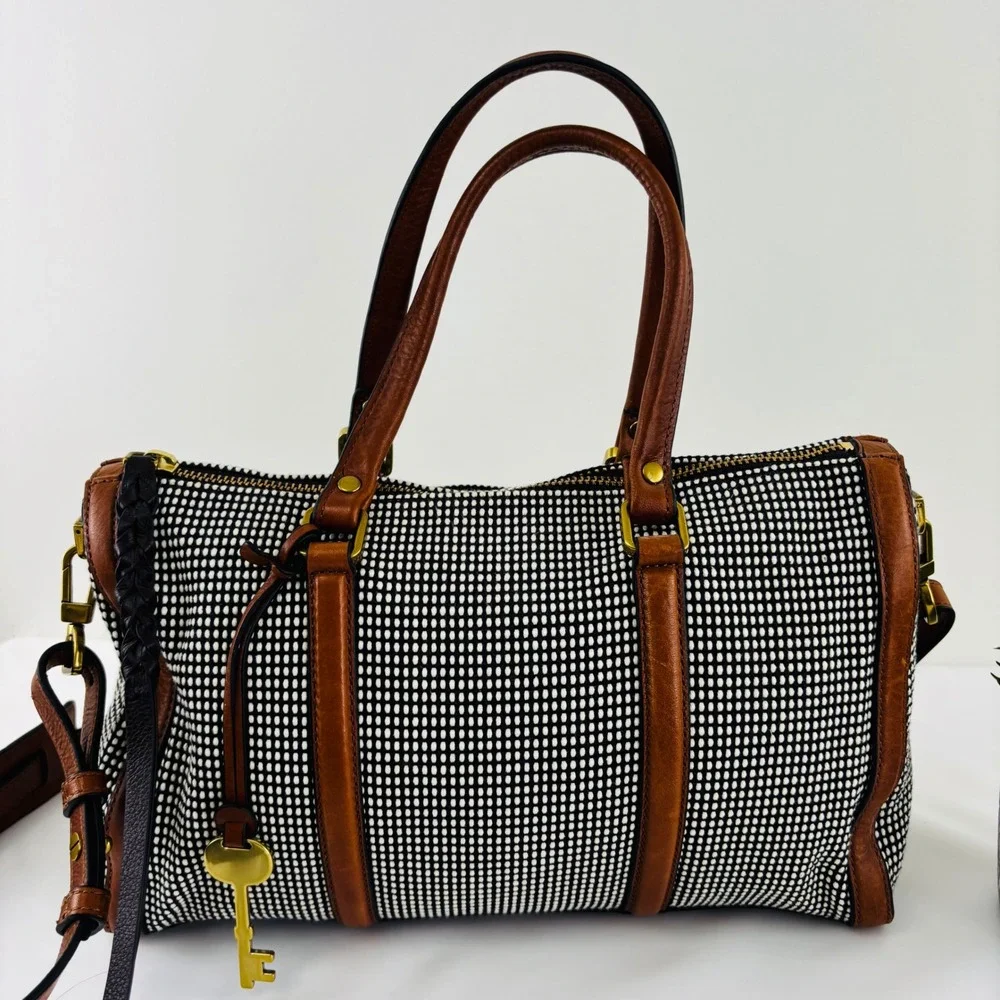 Fossil Kendall Satchel Tote Crossbody Shoulder Bag Jute Leather Black White Tan